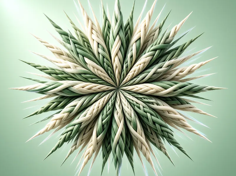 A radial starburst pattern made of interwoven green and beige straw fibers spiraling outward against a pale green gradient background.