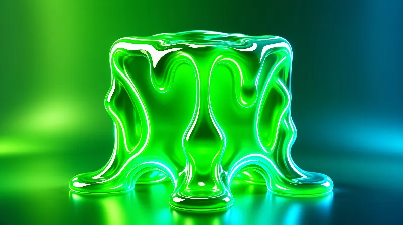 A shiny green melting shape rests on a reflective surface beneath a smooth blue and green gradient.