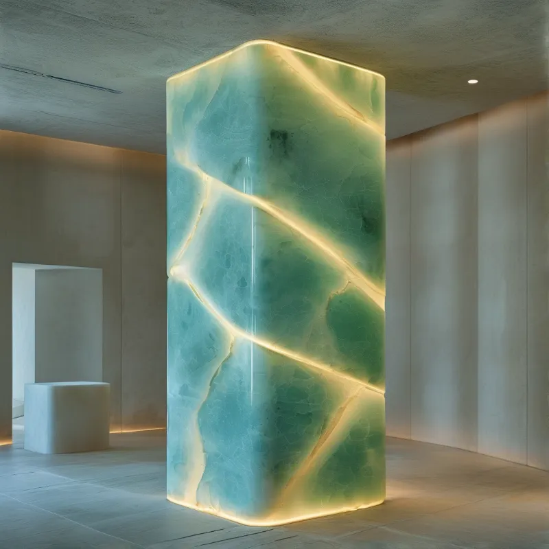 A luminous green onyx monolith stands in an empty concrete gallery, lit from inside by warm glowing veins.