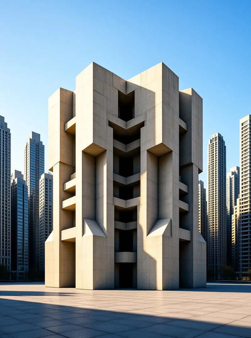 A faceted beige edifice features deep recesses while standing amidst taller glass buildings under a blue sky.