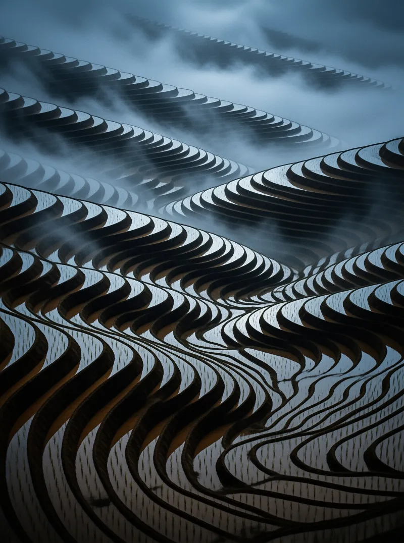 Aerial view of water-filled rice paddies forming concentric patterns while thick mist rolls over the distant slopes.