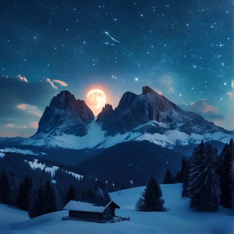 Moonlit Mountain Cabin Night