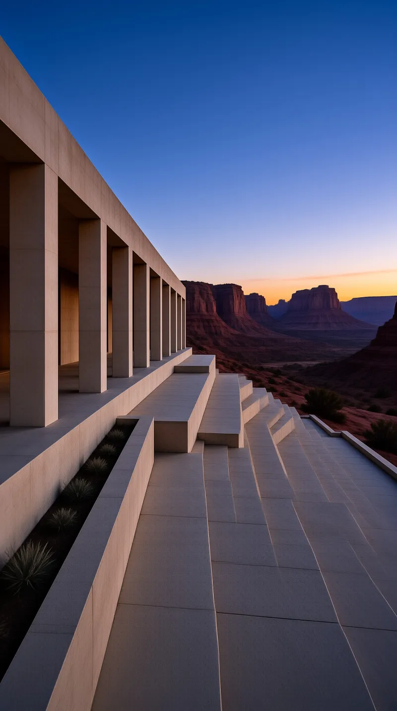Modern building with columns and steps overlooking a desert valley with red rock formations under a twilight sky.