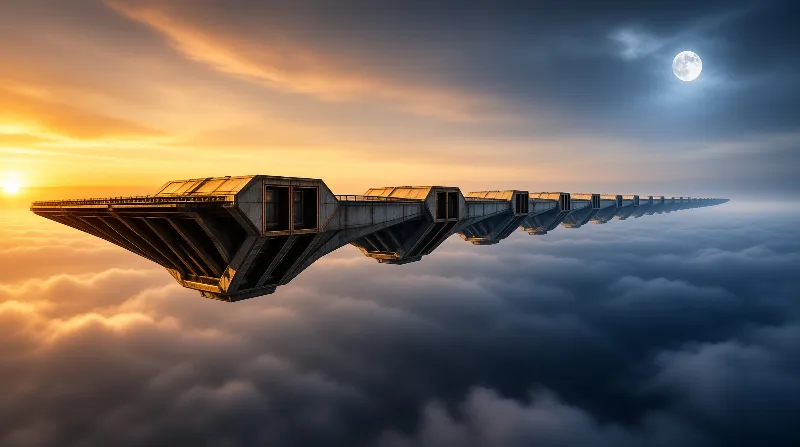A long concrete walkway floats above a cloud layer during sunset with a bright moon visible in the sky.