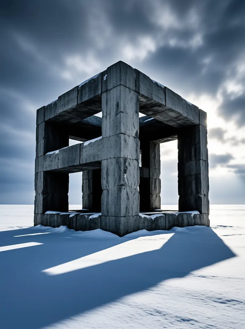 A large blocky stone framework stands isolated on a flat expanse of white snow under a dramatic sky with clouds breaking to reveal sunlight casting long shadows across the ground.