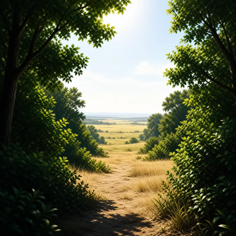 A narrow dirt path cuts through dense green trees leading toward a wide golden grassland under a bright sky.