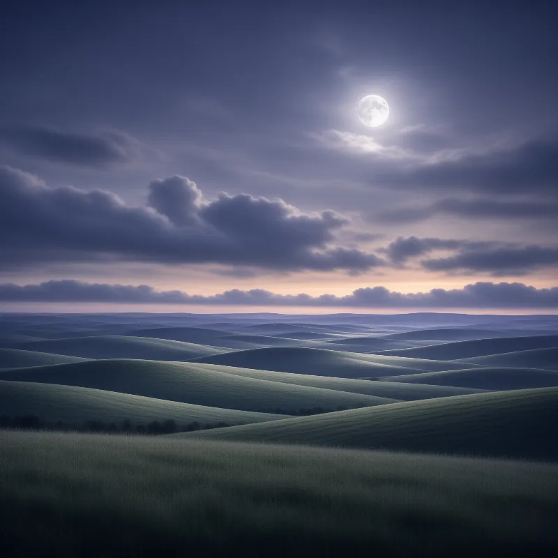 Rolling grassy hills extend into the distance beneath a twilight sky where a bright moon hangs among scattered clouds.