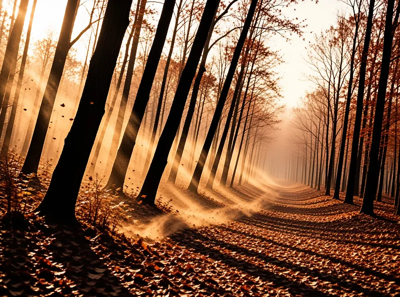 Warm sunlight streams through a dense avenue of trees covering the ground in autumn leaves.