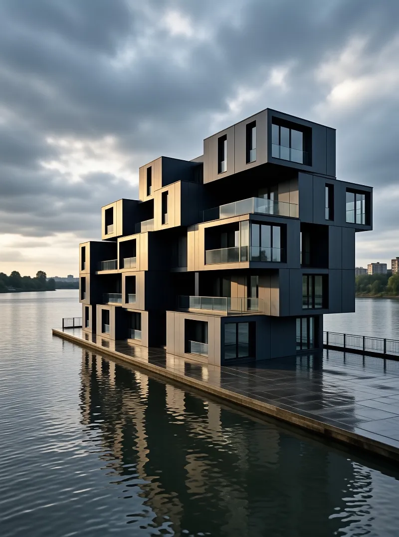 A modern architectural structure composed of stacked geometric boxes stands prominently on a paved waterfront terrace, featuring large glass windows and balconies with glass railings set against a backdrop of a wide body of water and a cloudy sky while soft sunlight illuminates the beige and dark grey facade and create
