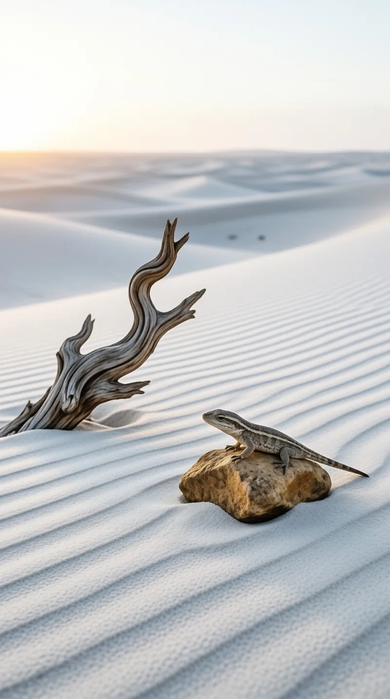A small striped lizard sits on a rock before a twisted piece of driftwood on rippled white sand under warm low sunlight.