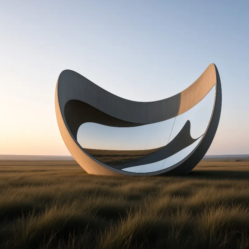 A large curved steel structure stands alone in a wide grassy field under a soft twilight sky.