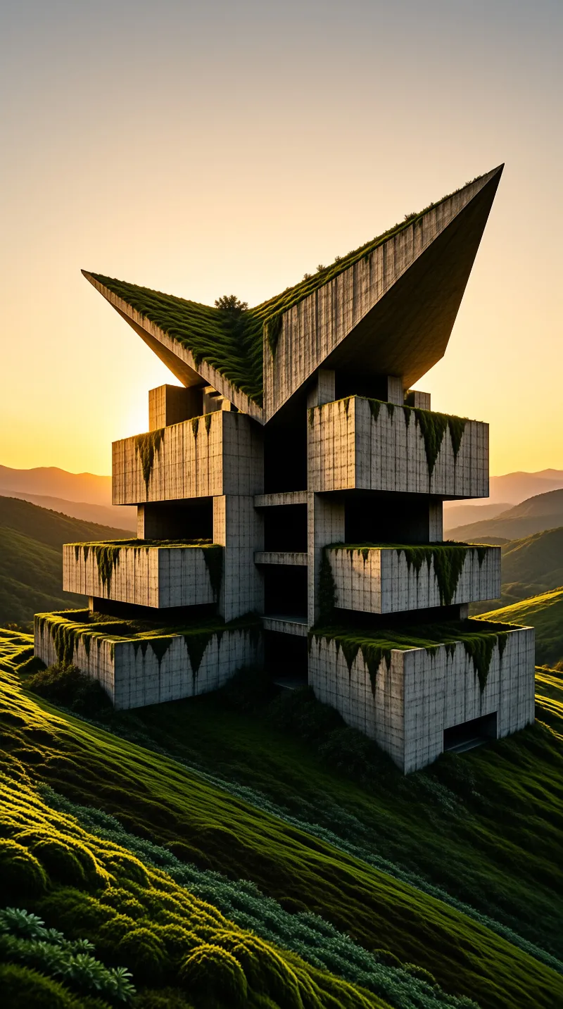 A large geometric structure draped in vegetation rests on a grassy slope under the warm light of dusk.