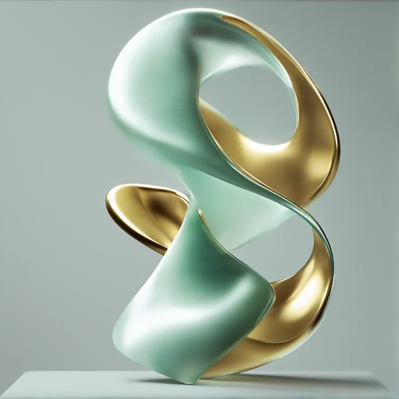 A smooth abstract sculpture twists into loops of pale green and shiny gold sitting on a white surface.