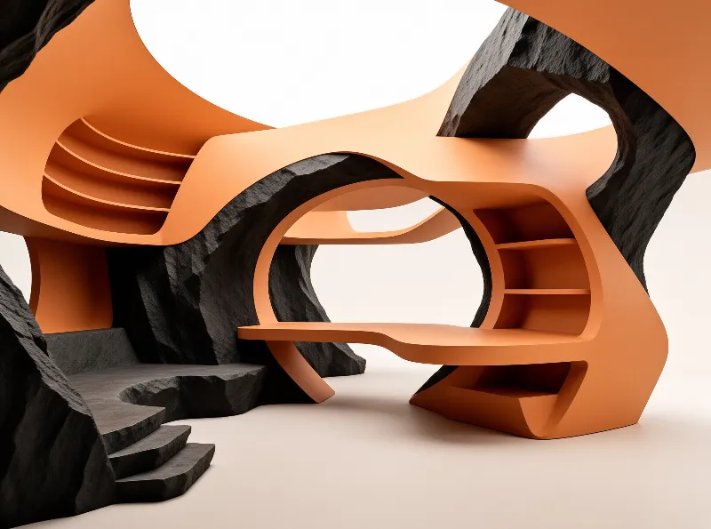 Flowing orange shelves and benches curve around dark textured forms inside a bright minimalist white studio.