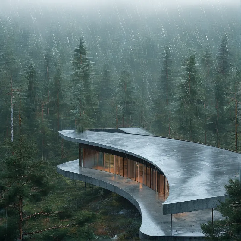 Rainy Modern House in Forest