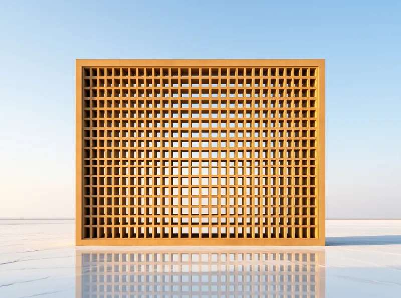 A square grid of ochre blocks stands freestanding above a glassy mirrored plane under a clear pale blue sky.