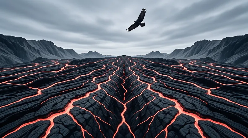 Orange lava cracks spread across black rock surrounded by grey mountains and a cloudy sky with a bird flying above.