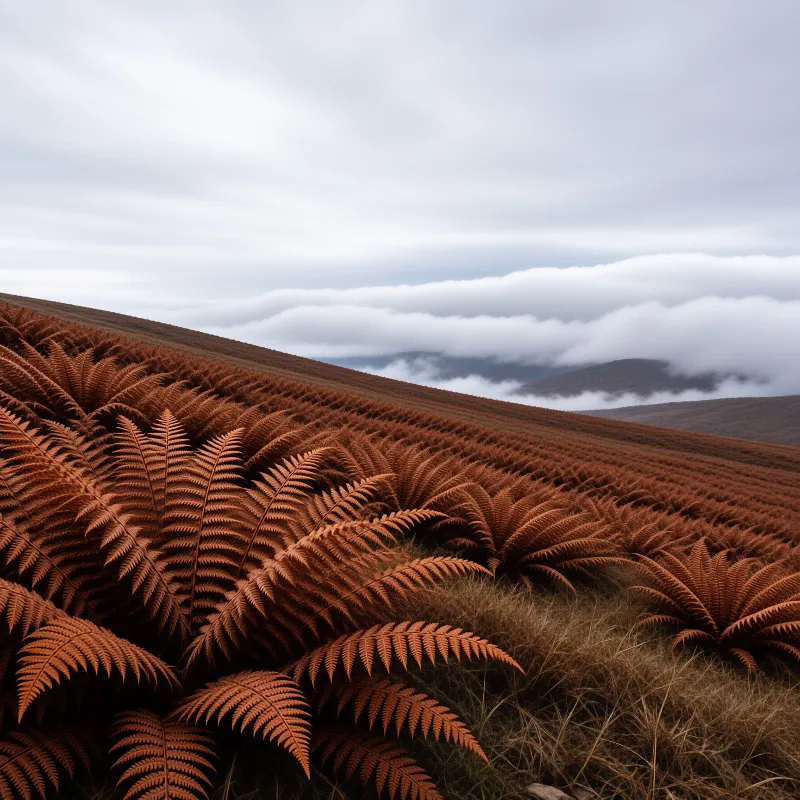 Dried rust-colored ferns cover a sloping hillside while low clouds obscure the distant mountain peaks behind the ridge.