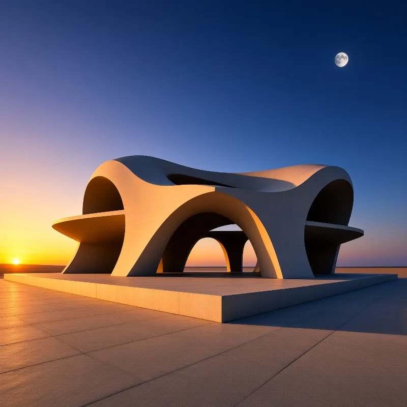 A curvilinear concrete structure rests on a platform in a vast flat landscape illuminated by setting sun and moon.