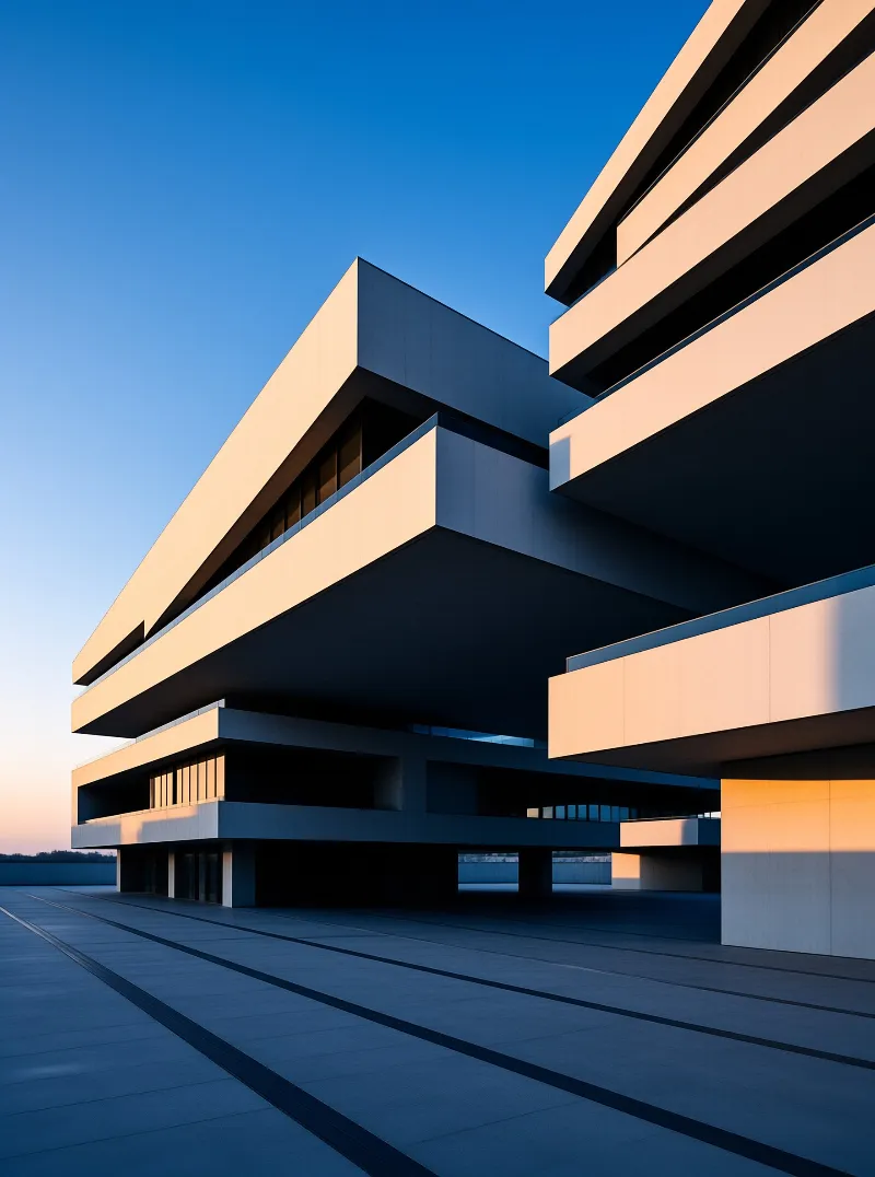 White building with layered sections against blue sky, lit by warm golden sunlight casting deep shadows.