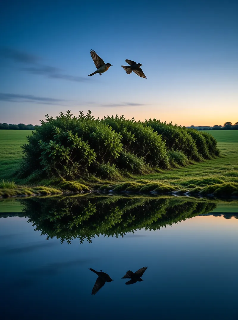 Two songbirds in flight above a green hedge beside still water reflecting the sky at dusk.