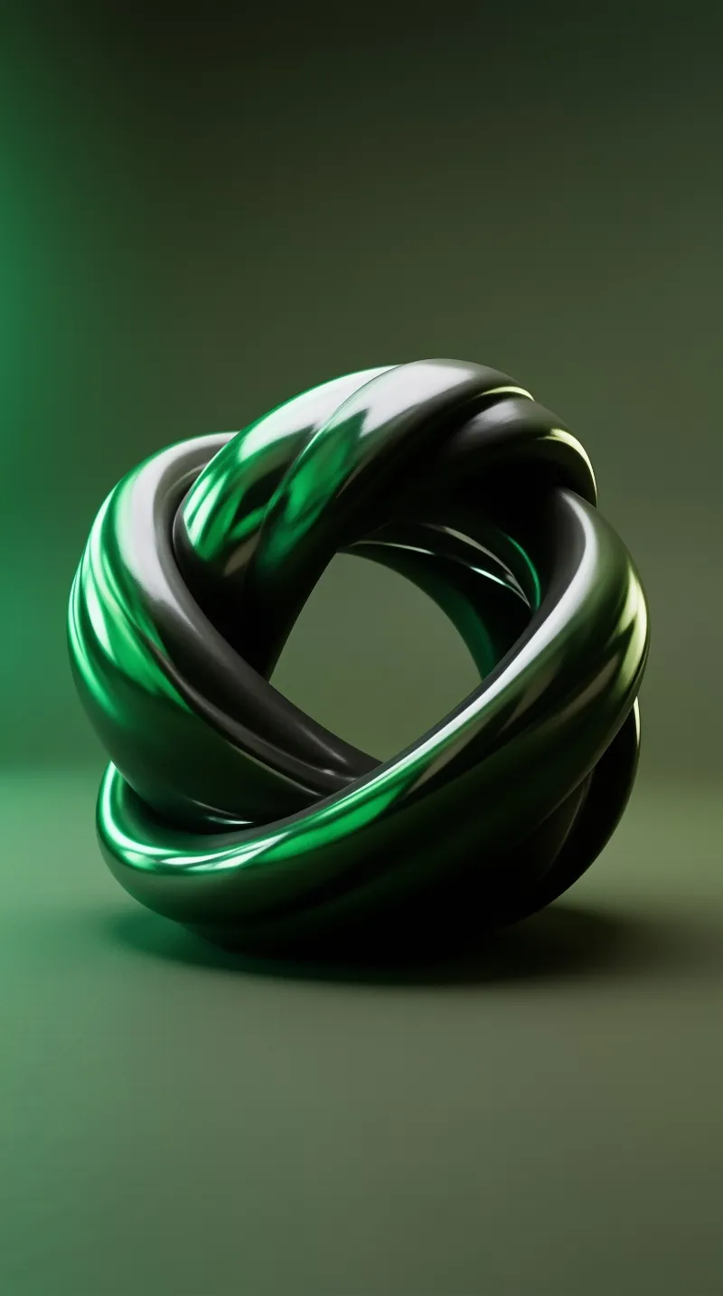 A smooth interwoven ring of dark green chrome coils on itself against a softly glowing sage backdrop.