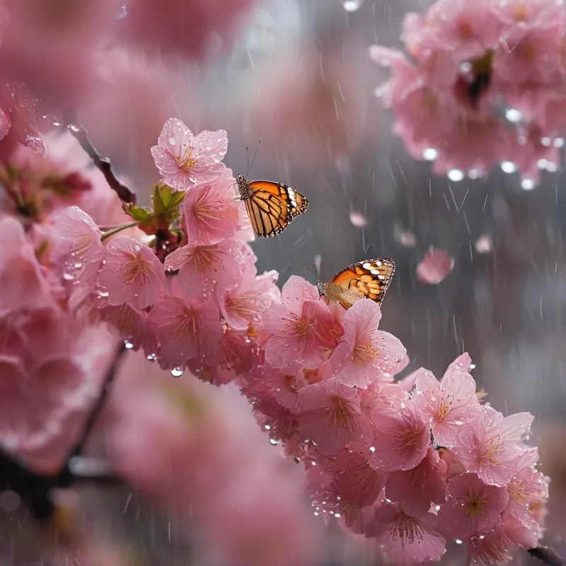 Two orange butterflies perch on pink cherry blossoms glistening with raindrops in soft diffused light.