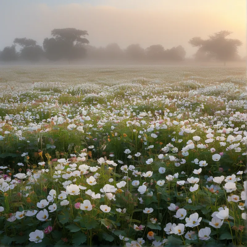 White wildflowers cover a green meadow under soft morning fog while trees fade into the distance.