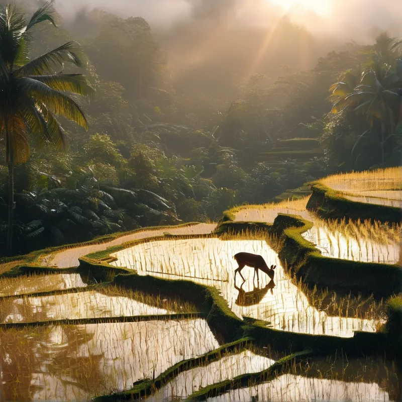 A deer drinks from a flooded rice terrace while sunbeams pierce the misty tropical forest behind the fields.