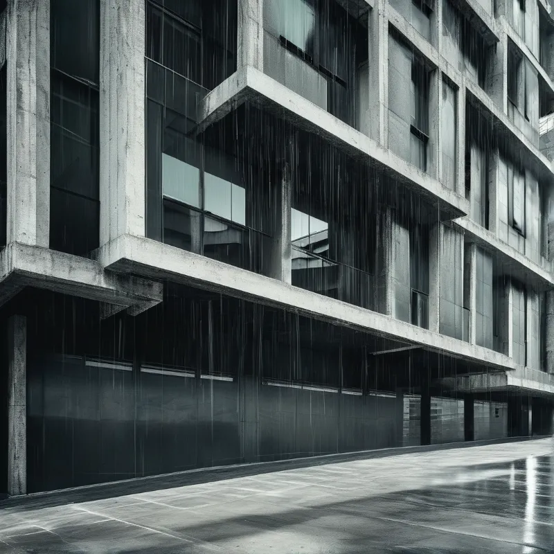 A grey concrete building stands under heavy precipitation with water running down the facade onto the wet ground.
