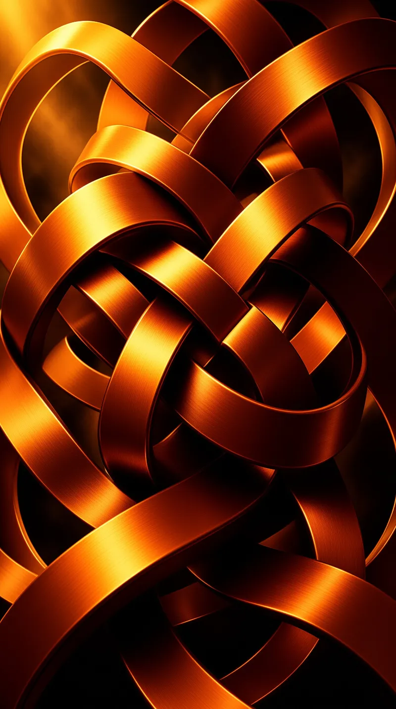 A complex knot formed by wide reflective copper strips twists against a shadowy background.