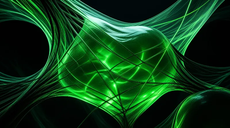 Luminous green fiber-like structures twist and flow against a deep black backdrop