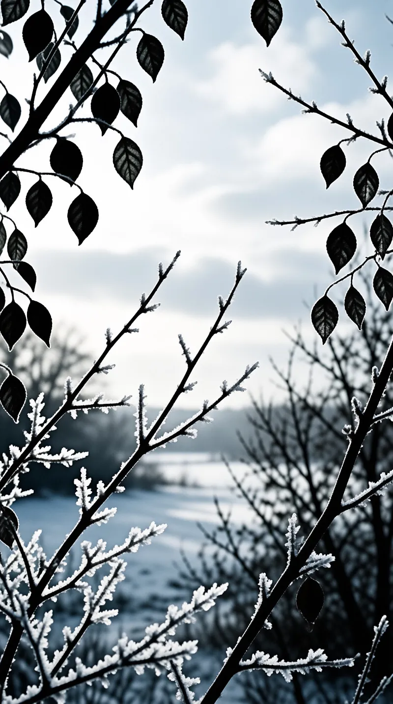 Dark tree limbs covered in ice crystals frame a blurred view of a cold river and distant hills under a grey sky.