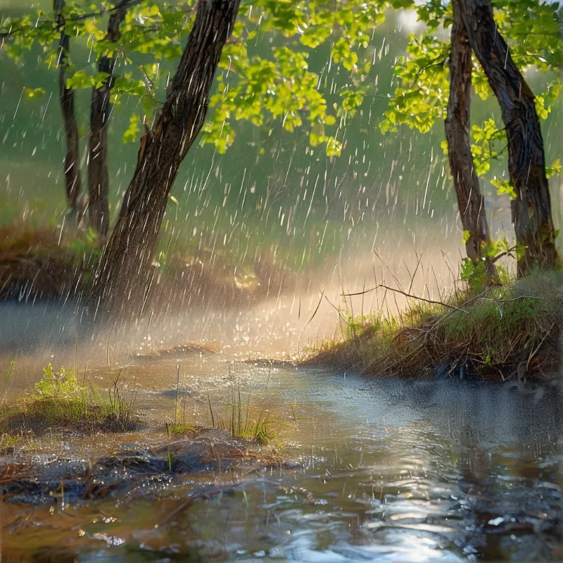 Sunlight filters through bright green foliage as rain splashes across a shallow forest creek winding between dark tree trunks.