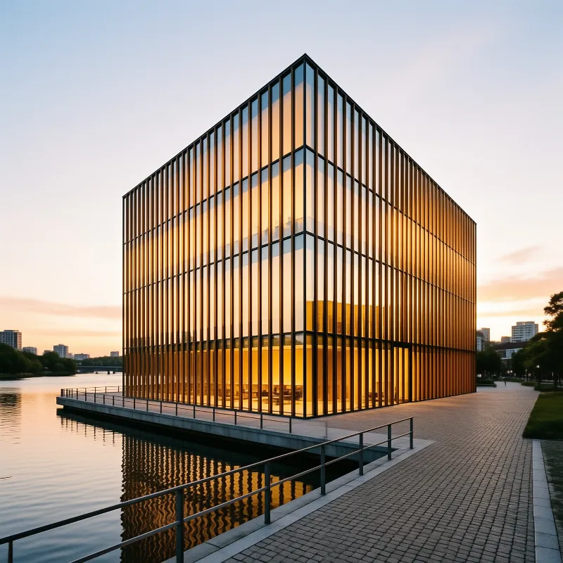 A modern glass building with a pyramidal roof stands illuminated against a twilight sky next to a calm river.