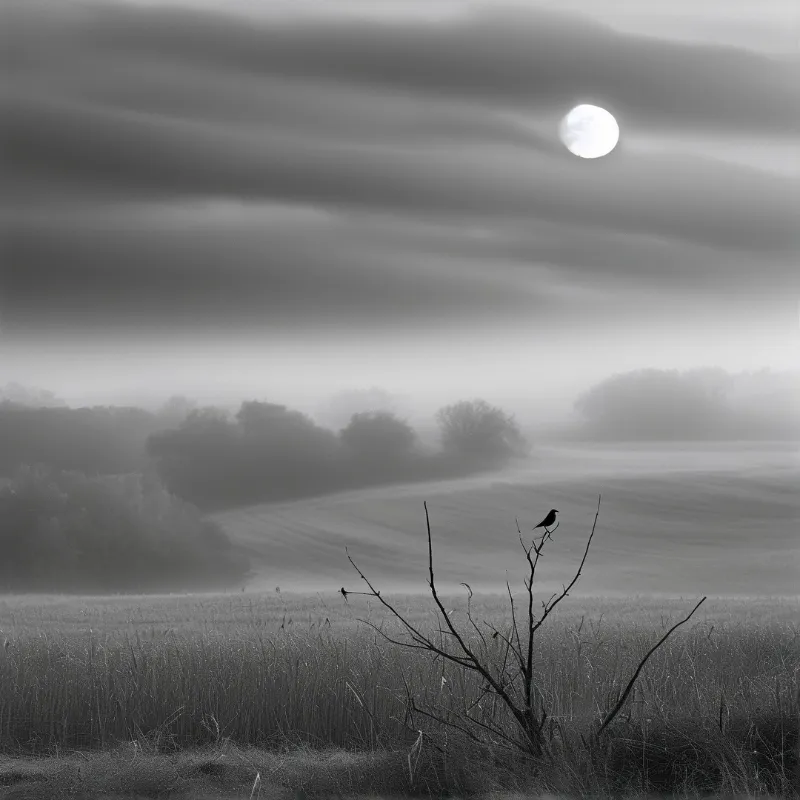 A small bird rests on a bare twig in a foggy meadow while a bright moon hangs in the cloudy sky.