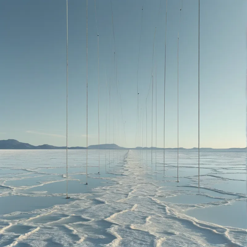 Thin lines dangle from the sky above a vast white salt flat with distant mountains under a clear blue sky.