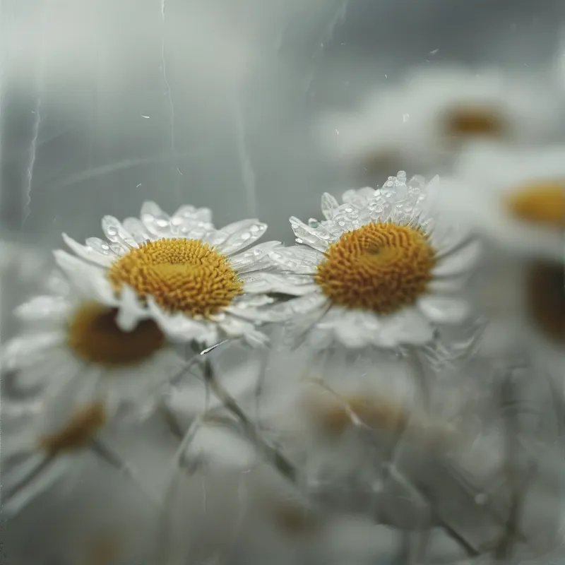 Two white daisies with yellow centers stand out against a soft blurred background dotted with water droplets.