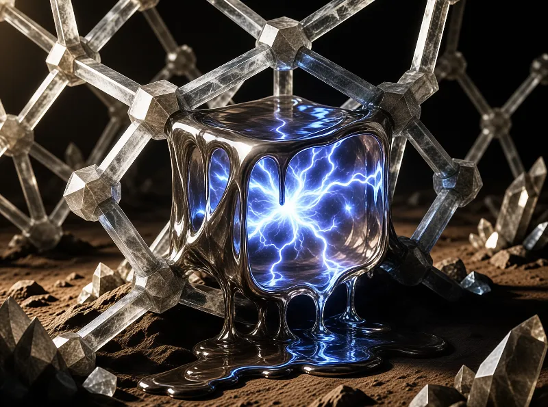 A liquid silver cube radiates blue electricity from within a transparent geometric framework on rocky terrain.