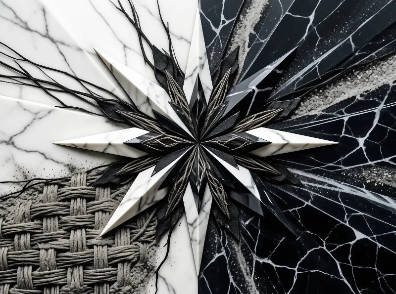 A sharp starburst shape emerges from a background of black and white marble with woven rope textures in the lower left corner.