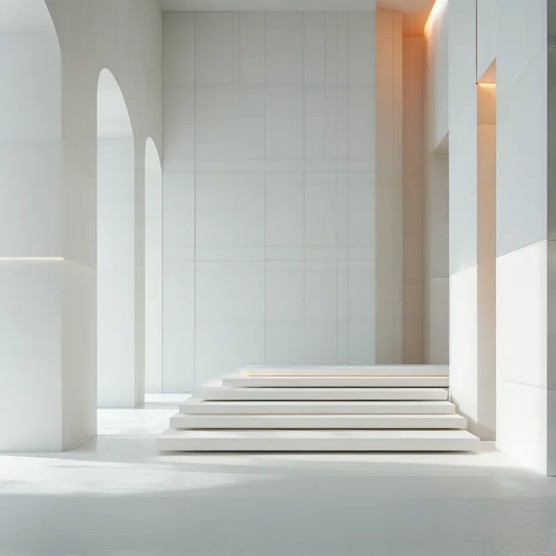 A flight of white steps climbs toward a raised platform between arched openings and warmly glowing wall niches.