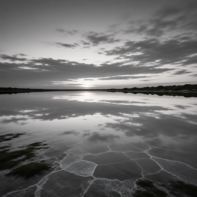 Grey cloud bands mirror on motionless water broken only by pale mineral veins.