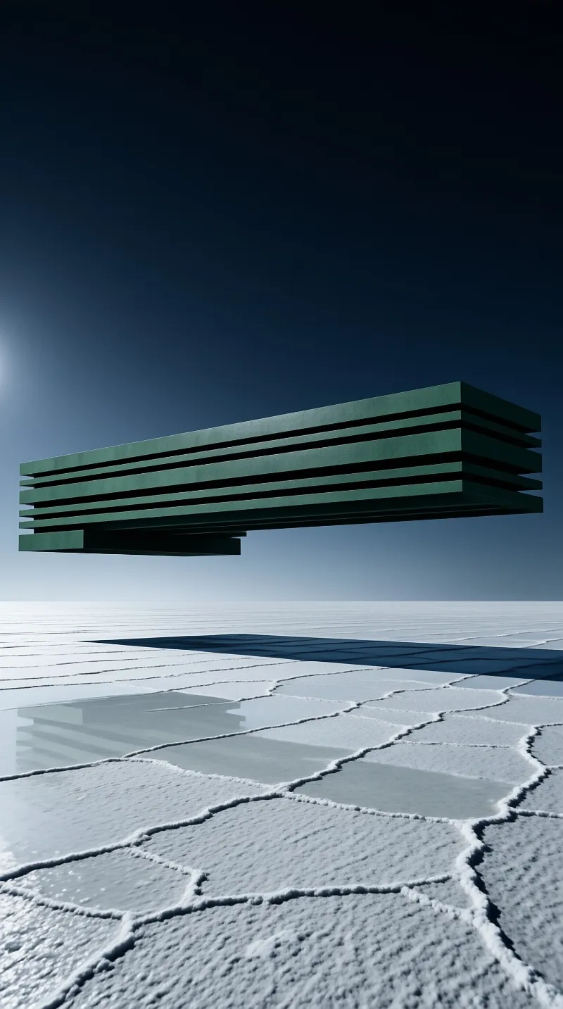A green layered structure floats above a cracked salt flat with water pools reflecting the blue sky.