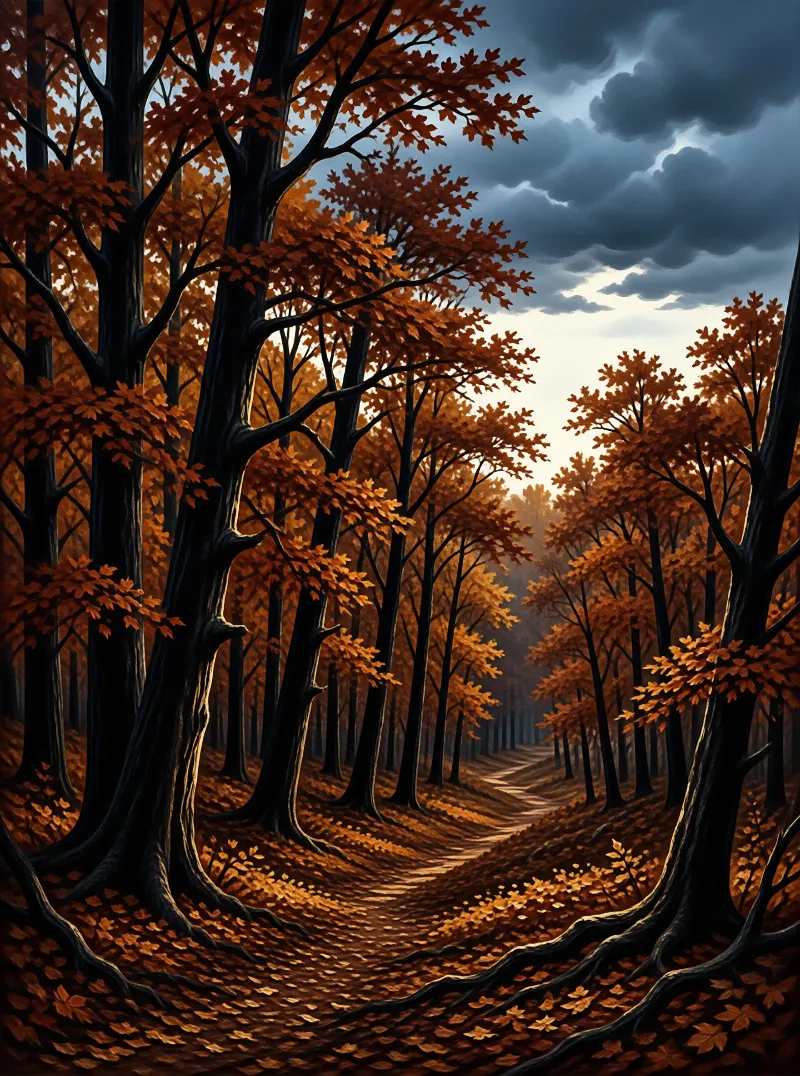 Dark tree trunks frame a winding path covered in fallen orange leaves beneath a heavy, overcast autumn sky.