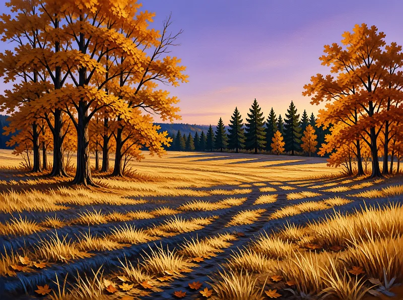 Autumn trees with orange leaves stand on either side of a golden grassy field under a purple sky.