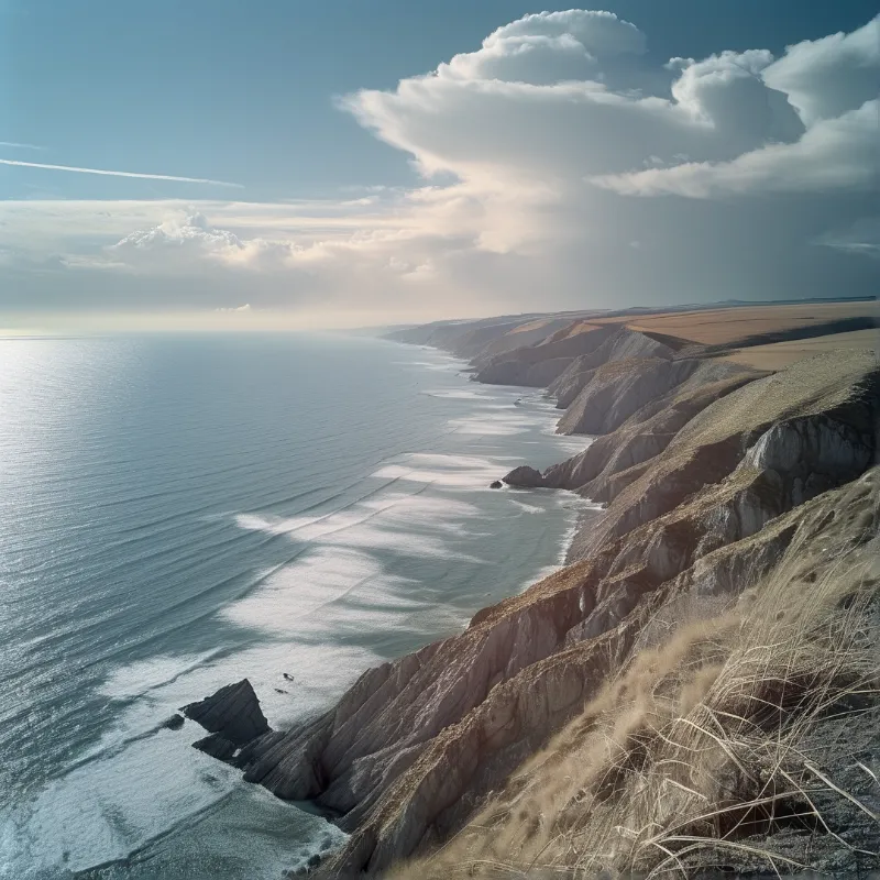 Steep eroded coastal cliffs rise over a calm pale sea, with soft light filtering through scattered clouds above the coast.
