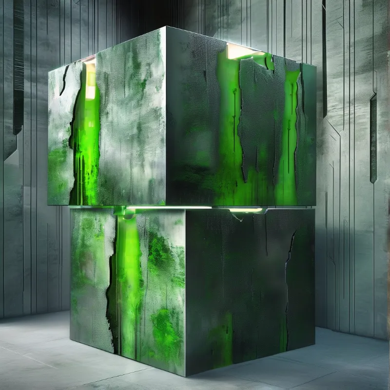Two stacked grey concrete blocks glow with streaks of vivid green light inside a sleek industrial chamber.
