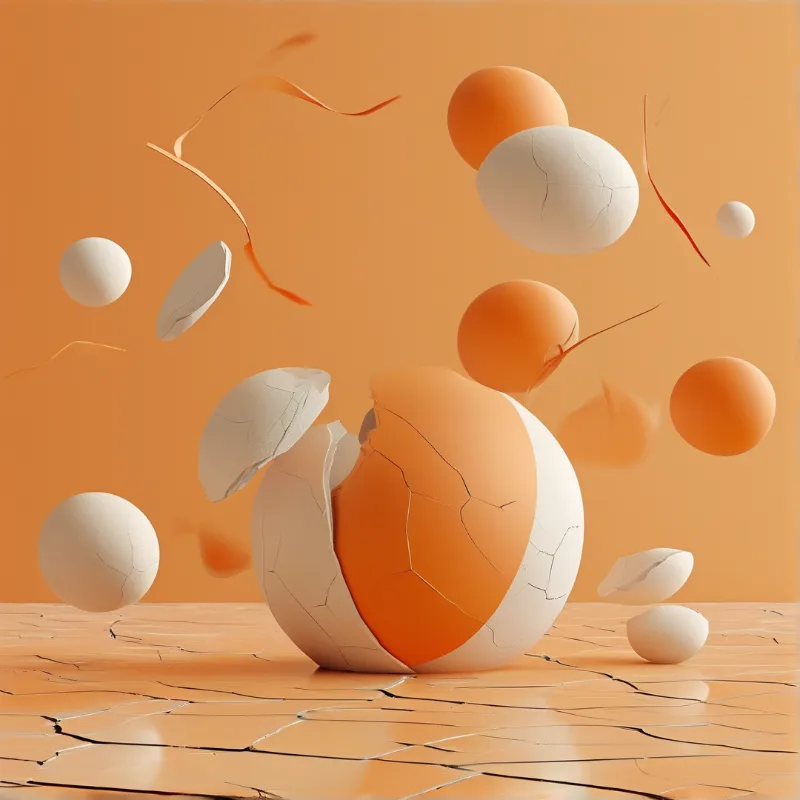 White and orange spheres float above a cracked surface while one large orb breaks open to reveal its orange interior.