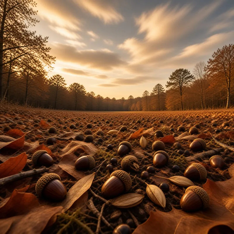 Numerous acorns lie among fallen leaves on the forest floor under a dramatic sky glowing with orange sunset light.