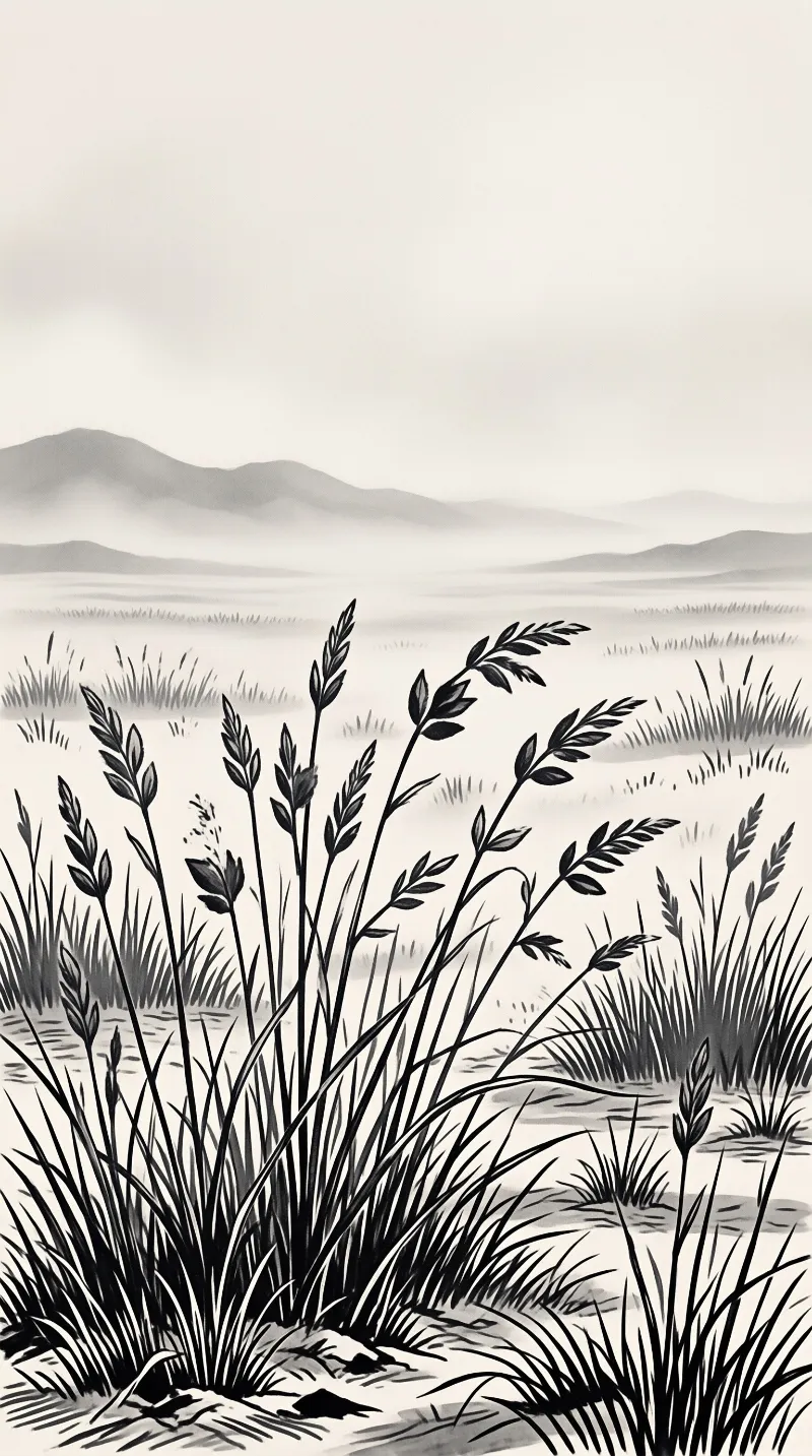 Monochrome pen-and-ink artwork showing wild grasses swaying above a marsh with hazy ridgelines dissolving into the distance
